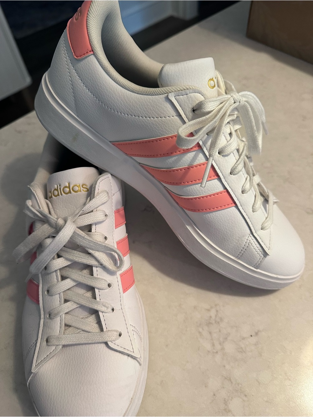 Adidas Women’s White Lace-Up Sneakers with Pink Stripes